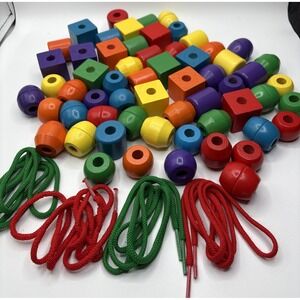 2 Sets Of Melissa & Doug 60 Primary Wood Lacing Beads  Original Laces Pre- Owned
